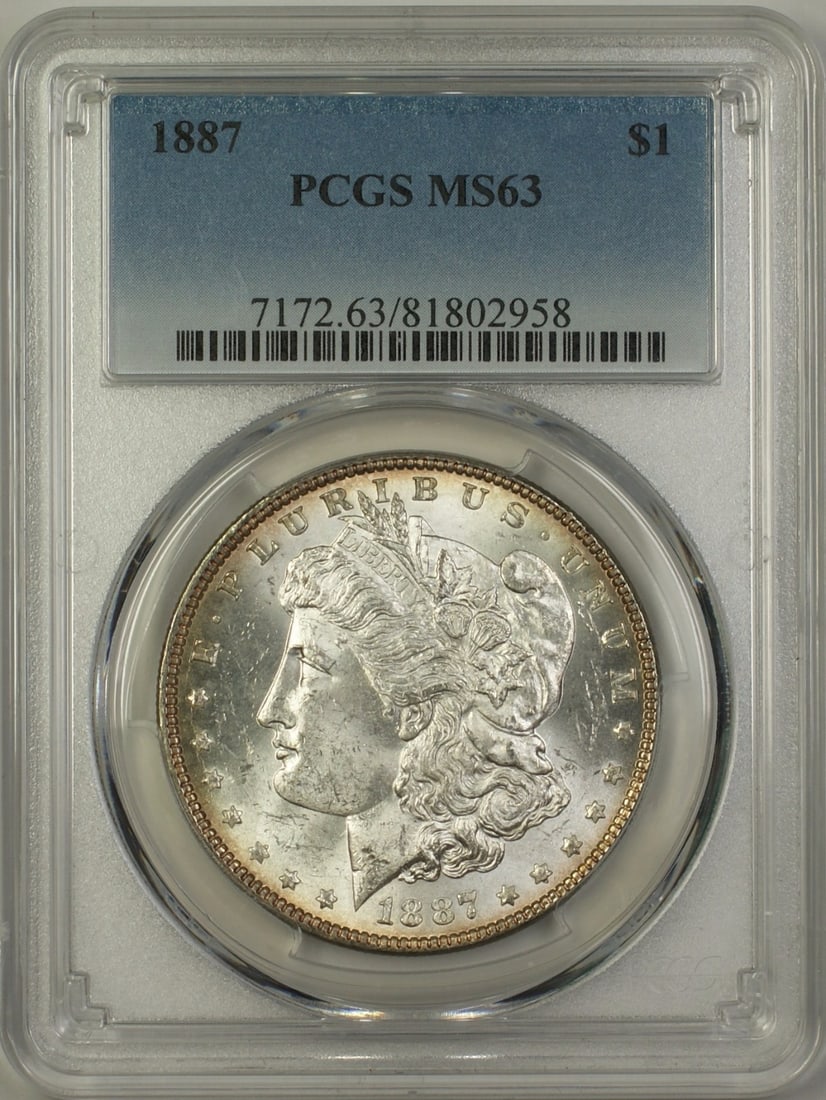PCGS MS 63 1887 Silver Morgan Dollar Uncirculated Philadelphia: PCGS MS 63 1887 Silver Morgan Dollar Uncirculated Philadelphia This 1887 Morgan Silver Dollar $1 coin is certified by PCGS with a grade of MS 63. The coin is uncirculated and was minted in Philadelphi