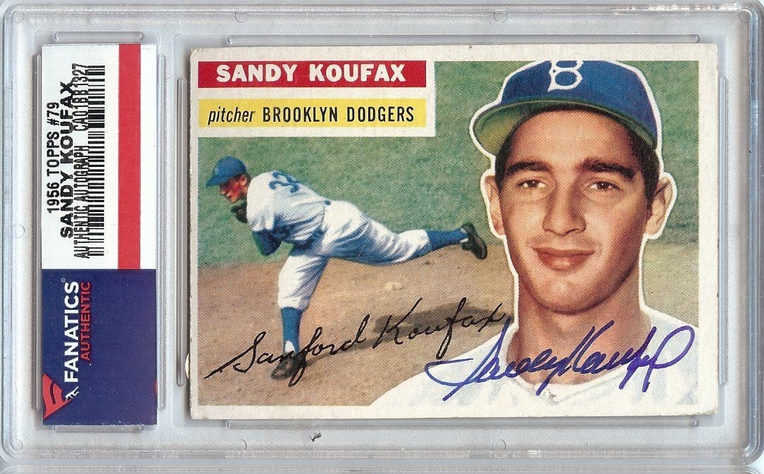 Sandy Koufax 1956 Topps Signed Baseball Card Dodgers MLB COA: Sandy Koufax 1956 Topps Signed Baseball Card Dodgers MLB COA This is a signed 1956 Topps baseball card featuring Sandy Koufax, renowned pitcher for the Los Angeles Dodgers. The card, numbered #79, sho