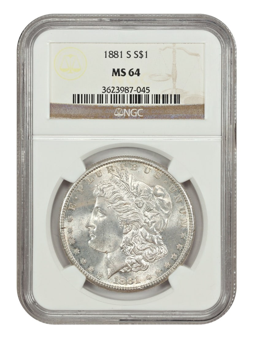 NGC Graded MS64 1881 San Francisco Morgan Silver Dollar: NGC Graded MS64 1881 San Francisco Morgan Silver Dollar This is an 1881 Morgan Dollar graded MS64 by NGC, minted in San Francisco. The coin is uncirculated and certified with number 3623987045. It fea