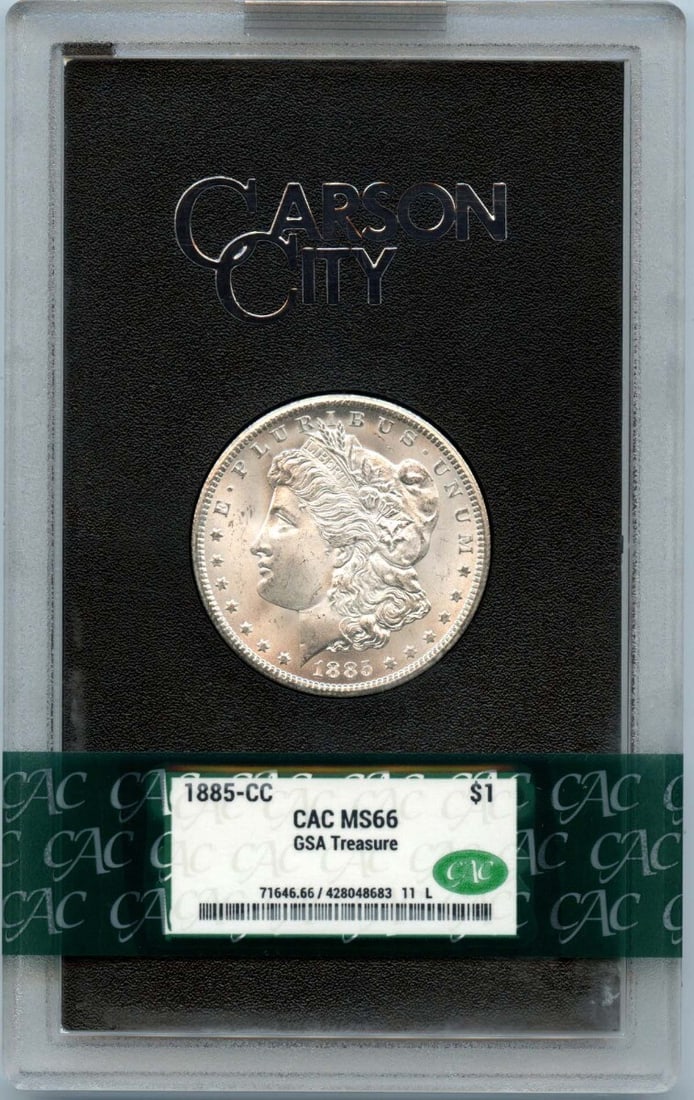 1885-CC Morgan Dollar Uncirculated MS66 CACG GSA Hoard: 1885-CC Morgan Dollar Uncirculated MS66 CACG GSA Hoard This 1885-CC Morgan Dollar is a stunning example of American numismatic history, certified by CACG with a grade of MS66. Struck in Carson City, t