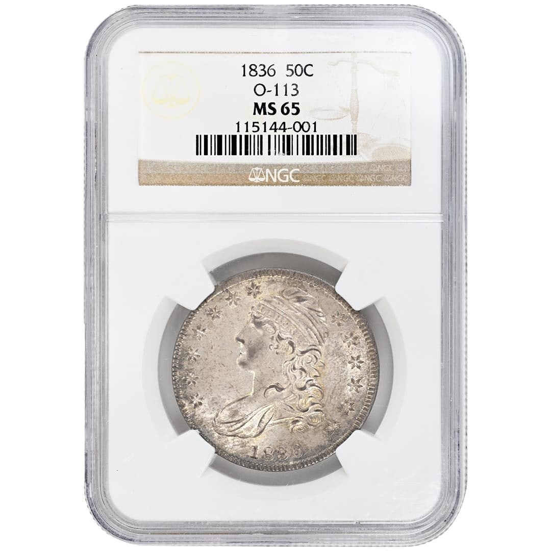 NGC MS65 1836 Capped Bust Half Dollar Overton 113 Type 1 Lettered Edge: NGC MS65 1836 Capped Bust Half Dollar Overton 113 Type 1 Lettered Edge This 1836 Capped Bust Half Dollar is a rare Overton 113 variety graded MS65 by NGC, featuring original surfaces with slightly dar