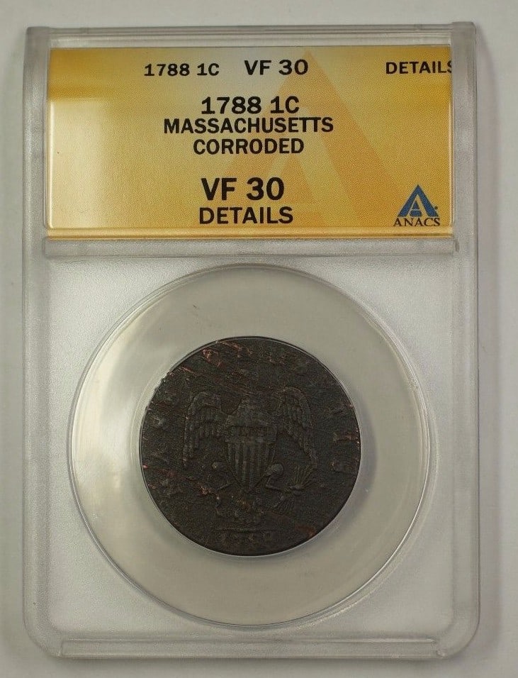 1788 Massachusetts Copper Cent VF-30 Details ANACS Certified US Colonial Coin: 1788 Massachusetts Copper Cent VF-30 Details ANACS Certified US Colonial Coin This 1788 US Colonial Massachusetts Copper Cent is a certified coin graded VF-30 Details by ANACS. The piece is composed o