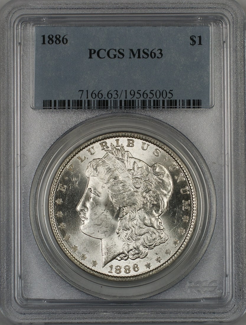 PCGS MS63 1886 Silver Morgan Dollar Uncirculated Philadelphia Mint: PCGS MS63 1886 Silver Morgan Dollar Uncirculated Philadelphia Mint This is an 1886 Morgan Silver Dollar $1 coin from the United States, certified by PCGS with a grade of MS 63. The coin is composed of