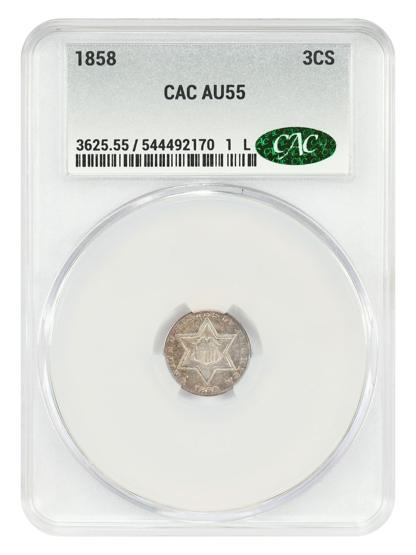 1858 Three Cent Silver Type 2 CACG Certified AU55 Coin: 1858 Three Cent Silver Type 2 CACG Certified AU55 Coin This 1858 Three Cent Silver coin is a scarce Type 2 example certified by CACG and graded AU55. Minted in Philadelphia, this circulated coin is pa