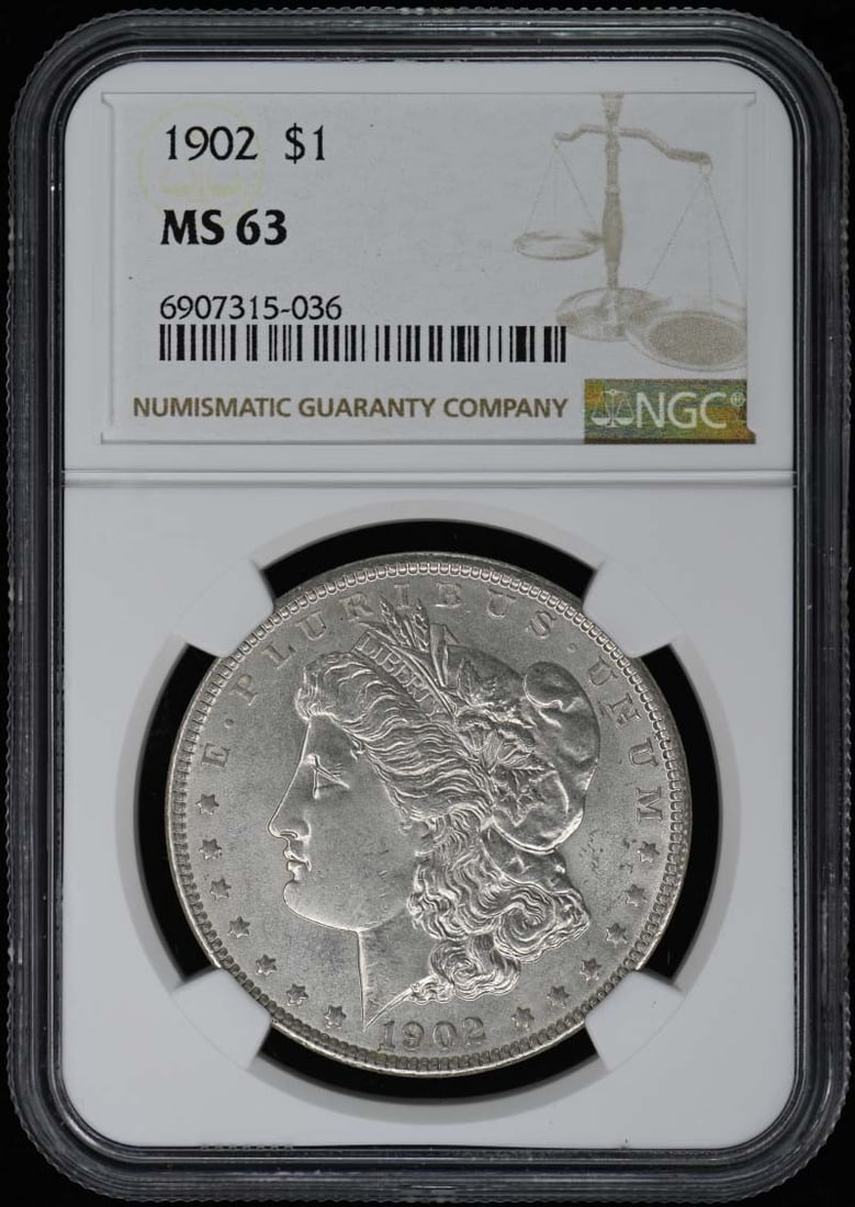 1902 NGC MS63 Uncirculated Morgan Dollar Coin Philadelphia: 1902 NGC MS63 Uncirculated Morgan Dollar Coin Philadelphia This 1902 Morgan Dollar, graded MS63 by NGC, is an uncirculated coin from the Philadelphia mint. Renowned for its iconic design and historica