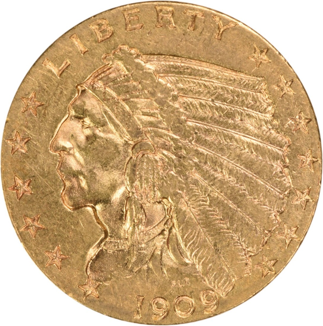 1909 Indian Head $2.50 Gold Quarter Eagle AU Philadelphia Uncertified: 1909 Indian Head $2.50 Gold Quarter Eagle AU Philadelphia Uncertified This 1909 $2.50 Gold Indian coin from the United States features the iconic design by Bela Lyon Pratt. Struck at the Philadelphia