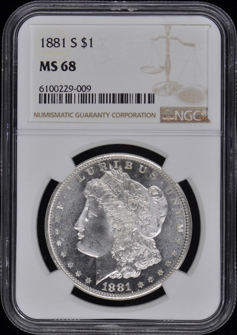 1881-S Morgan Dollar NGC MS68 Uncirculated San Francisco Coin: 1881-S Morgan Dollar NGC MS68 Uncirculated San Francisco Coin This 1881-S Morgan Dollar is a stunning example of U.S. coinage, graded MS68 by NGC, indicating its exceptional uncirculated condition. Mi