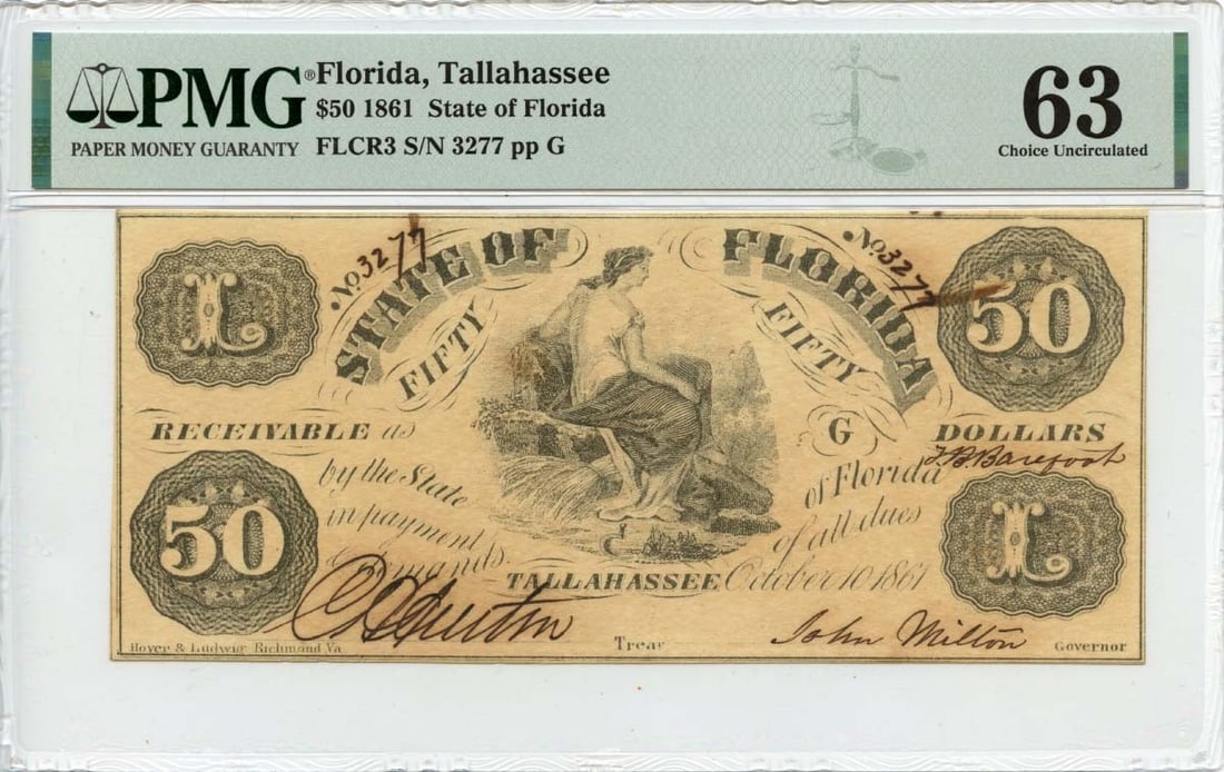 1861 $50 Tallahassee Florida Obsolete Note PMG MS63 Certified (1 of 2)