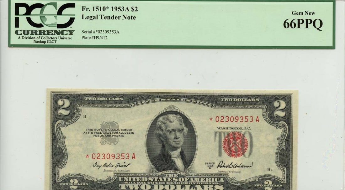 1953A $2 Legal Tender Note FR#1510* PCGS MS66 Gem Quality: 1953A $2 Legal Tender Note FR#1510* PCGS MS66 Gem Quality This 1953 $2 Legal Tender Note (FR#1510*) is graded by PCGS as Gem 66PPQ, indicating its exceptional quality and preservation. The note is cla