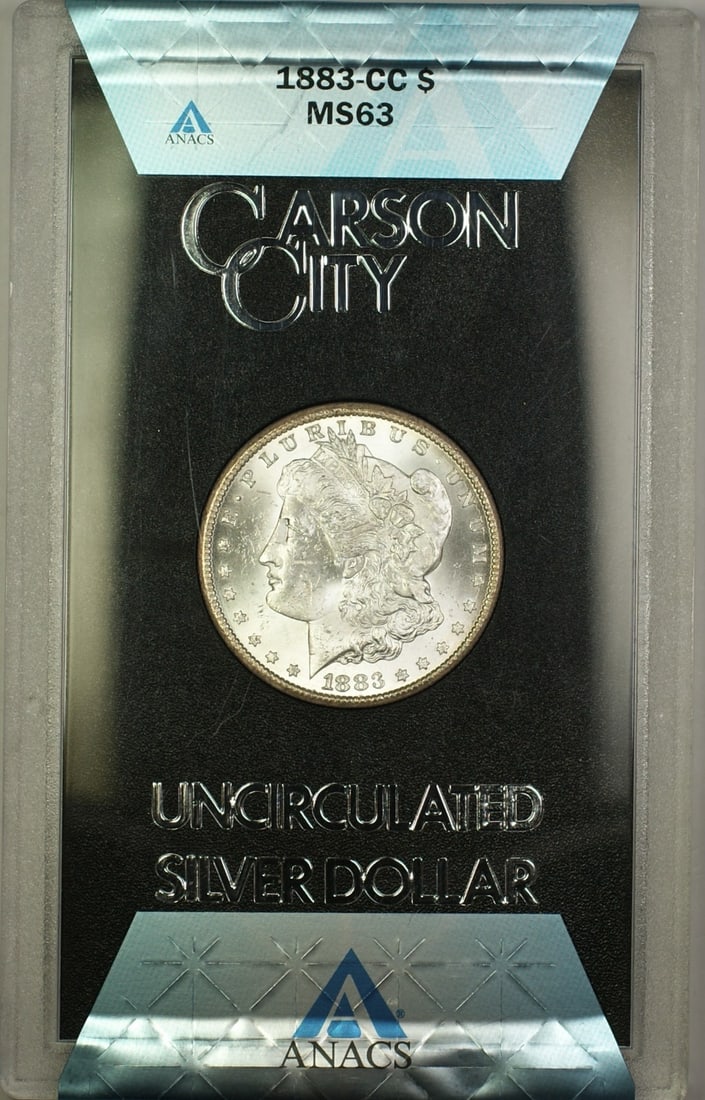 ANACS MS-63 1883-CC Morgan Dollar GSA Hoard in Box with COA: ANACS MS-63 1883-CC Morgan Dollar GSA Hoard in Box with COA This is an 1883-CC Morgan Silver Dollar from the GSA Hoard, certified by ANACS with an MS-63 grade. The coin is uncirculated and features a