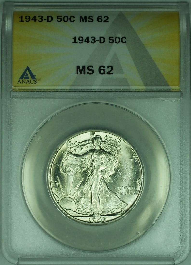 1943 Denver Walking Liberty Half Dollar Silver ANACS MS62 Certified Coin: 1943 Denver Walking Liberty Half Dollar Silver ANACS MS62 Certified Coin This 1943-D Walking Liberty Half Dollar is an un-used silver coin from the United States, minted in Denver. It features the ico