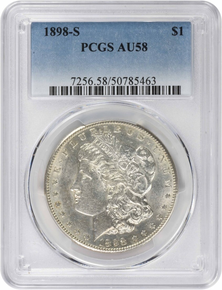 1898-S Morgan Silver Dollar AU58 PCGS San Francisco Silver Coin: 1898-S Morgan Silver Dollar AU58 PCGS San Francisco Silver Coin This 1898-S Morgan Silver Dollar, graded AU58 by PCGS, is a remarkable piece of numismatic history. Struck in San Francisco, this coin f