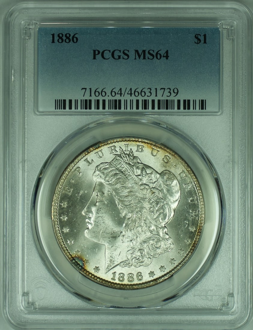PCGS MS 64 1886 Morgan Dollar Philadelphia Mint Silver Coin: PCGS MS 64 1886 Morgan Dollar Philadelphia Mint Silver Coin This is an 1886 Morgan Silver Dollar coin from the United States, certified by PCGS with a grade of MS-64. The coin is uncirculated, compose