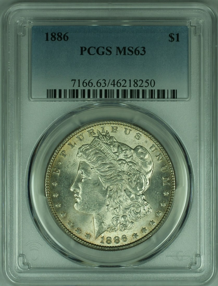 PCGS MS-63 Morgan Dollar 1886 Silver Coin from Philadelphia: PCGS MS-63 Morgan Dollar 1886 Silver Coin from Philadelphia This is an 1886 Morgan Silver Dollar graded MS-63 by PCGS. Struck in Philadelphia, this uncirculated coin features a $1 denomination and is