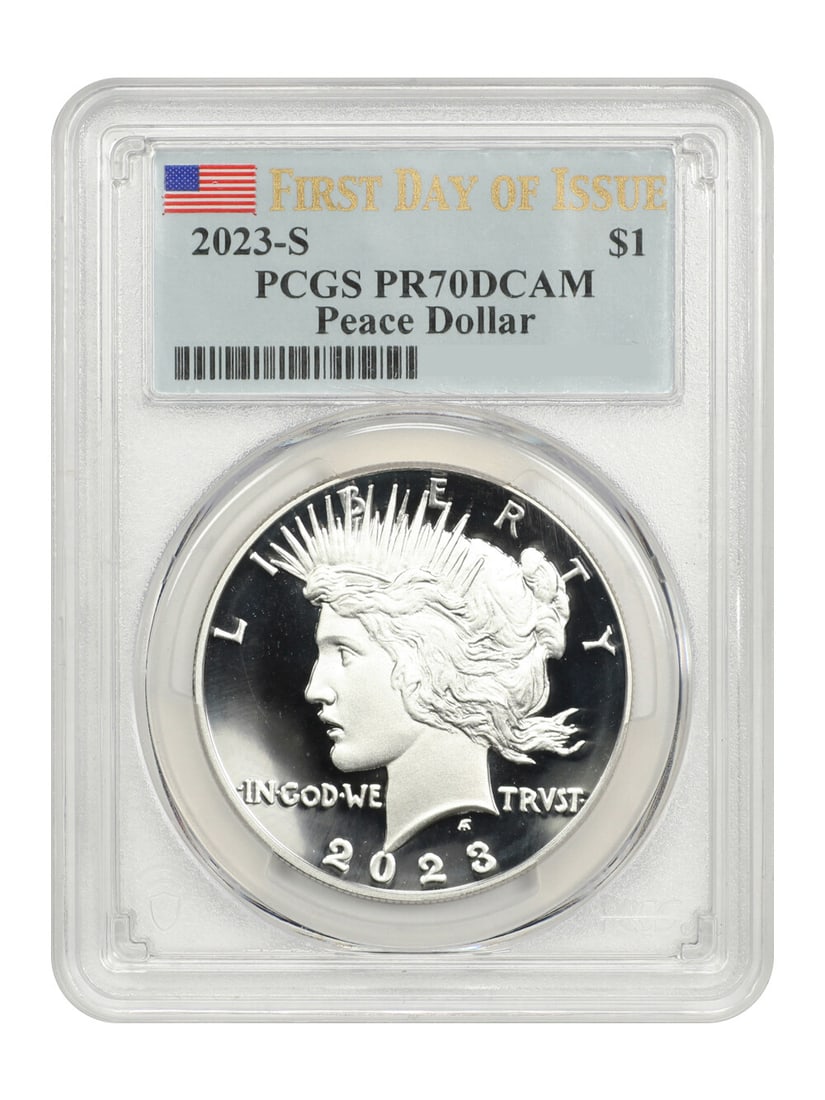 PCGS PR70DCAM 2023-S Peace Dollar First Day of Issue Certified Coin: PCGS PR70DCAM 2023-S Peace Dollar First Day of Issue Certified Coin This 2023-S $1 Peace Dollar is a modern commemorative coin struck at the San Francisco Mint. Graded PR70DCAM by PCGS, it is designat