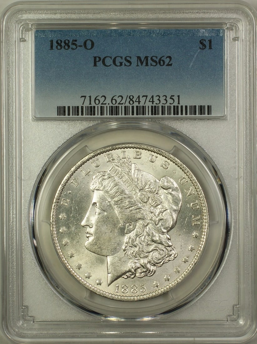 PCGS MS62 1885-O Morgan Dollar Silver Coin from New Orleans Mint: PCGS MS62 1885-O Morgan Dollar Silver Coin from New Orleans Mint This 1885-O Morgan Silver Dollar is an uncirculated $1 coin graded MS-62 by PCGS. Minted in New Orleans, it is composed of silver and f