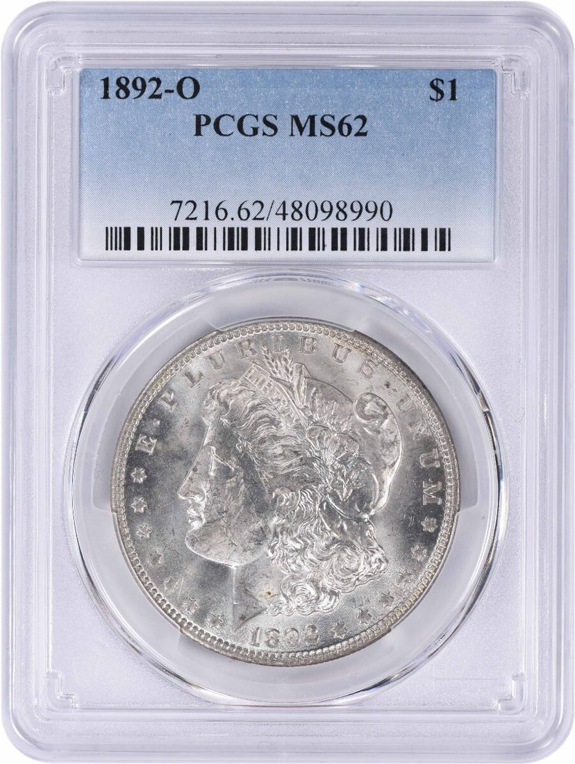 MS62 PCGS Certified 1892-O Morgan Dollar Uncirculated Silver Coin: MS62 PCGS Certified 1892-O Morgan Dollar Uncirculated Silver Coin This 1892-O Morgan Silver Dollar is graded MS62 by PCGS and was minted in New Orleans. Struck from an alloy of 90% silver and 10% copp