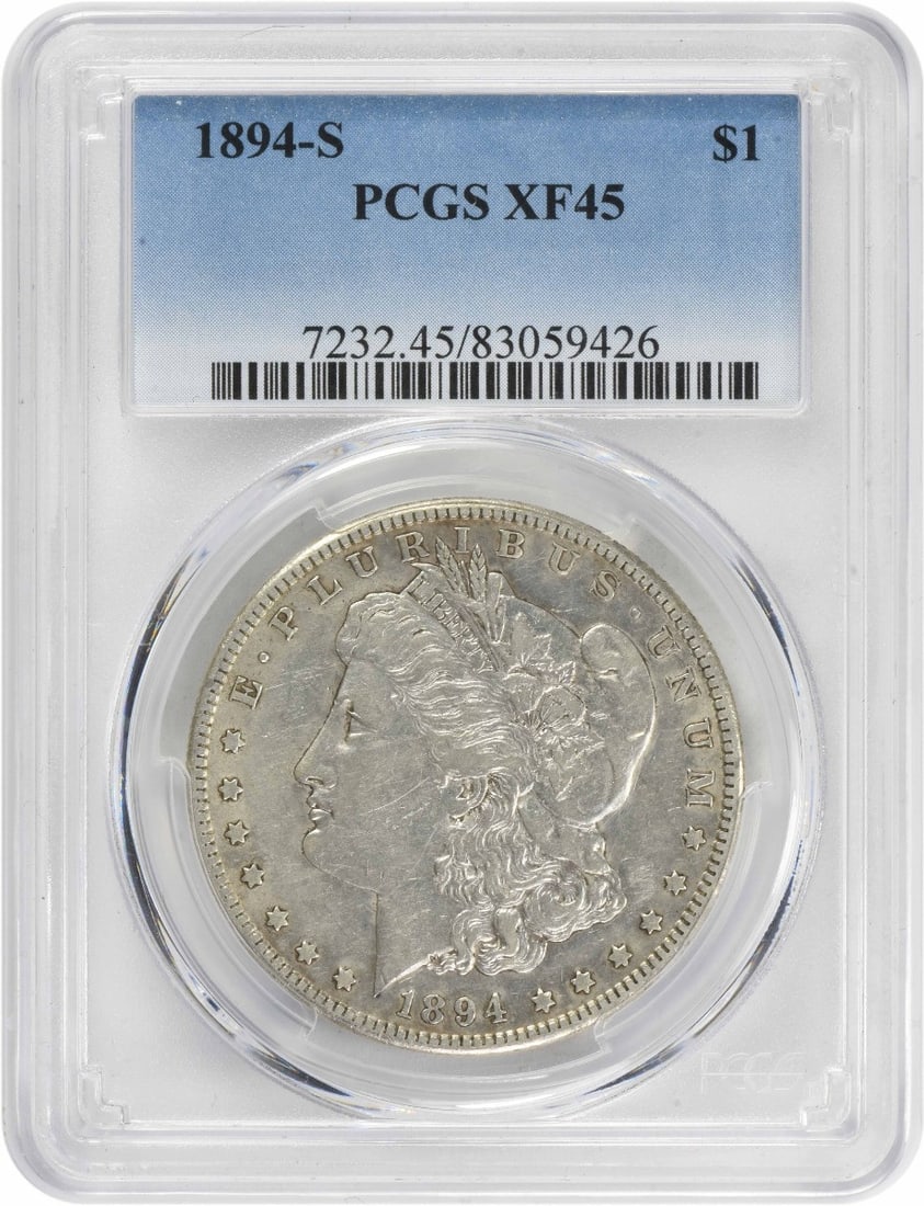 1894-S Morgan Silver Dollar EF45 Certified by PCGS: 1894-S Morgan Silver Dollar EF45 Certified by PCGS This 1894-S Morgan Silver Dollar is a remarkable piece of numismatic history, certified by PCGS and graded EF45. Struck at the San Francisco Mint, th