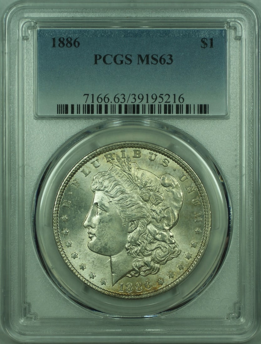 PCGS MS-63 1886 Morgan Silver Dollar Philadelphia Mint Certified Uncirculated: PCGS MS-63 1886 Morgan Silver Dollar Philadelphia Mint Certified Uncirculated This is an 1886 Morgan Silver Dollar $1 coin, certified by PCGS with a grade of MS-63. The coin is composed of 90% silver
