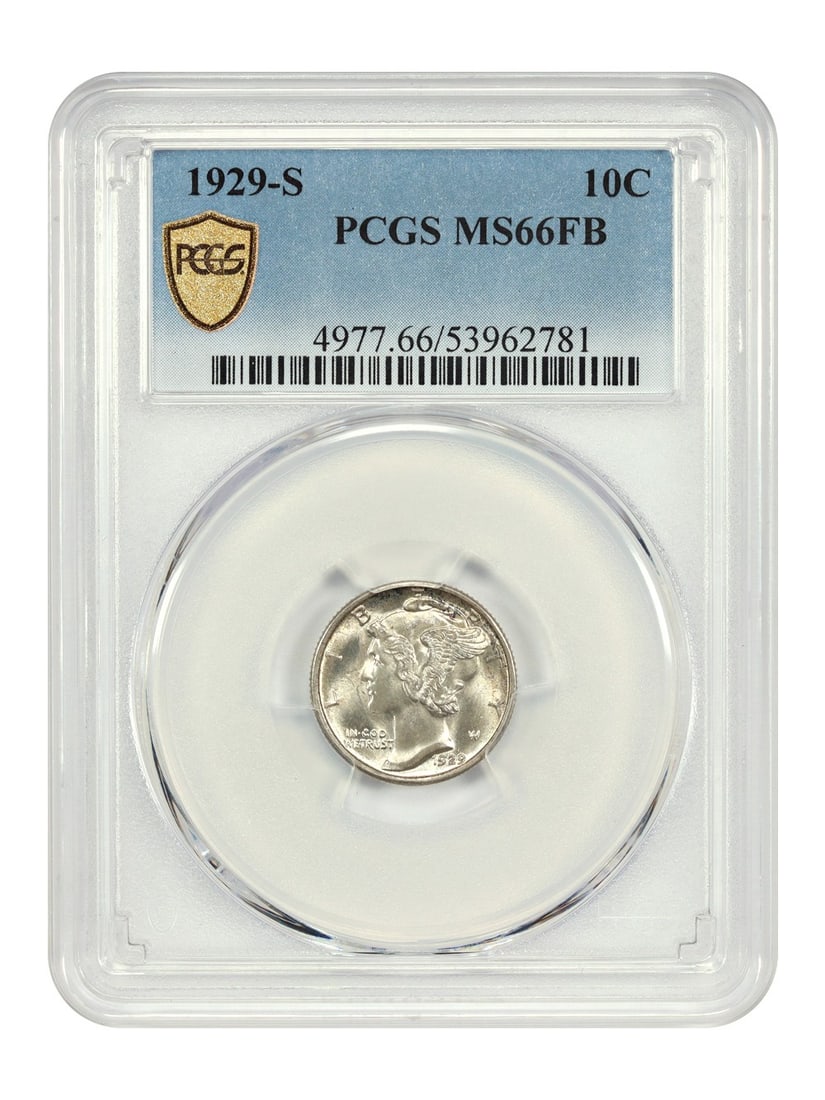 PCGS MS66FB 1929 San Francisco Mercury Dime 10C Uncirculated: PCGS MS66FB 1929 San Francisco Mercury Dime 10C Uncirculated This 1929-S Mercury Dime is graded MS66FB by PCGS. The coin is uncirculated and features smooth surfaces with light natural toning. Minted