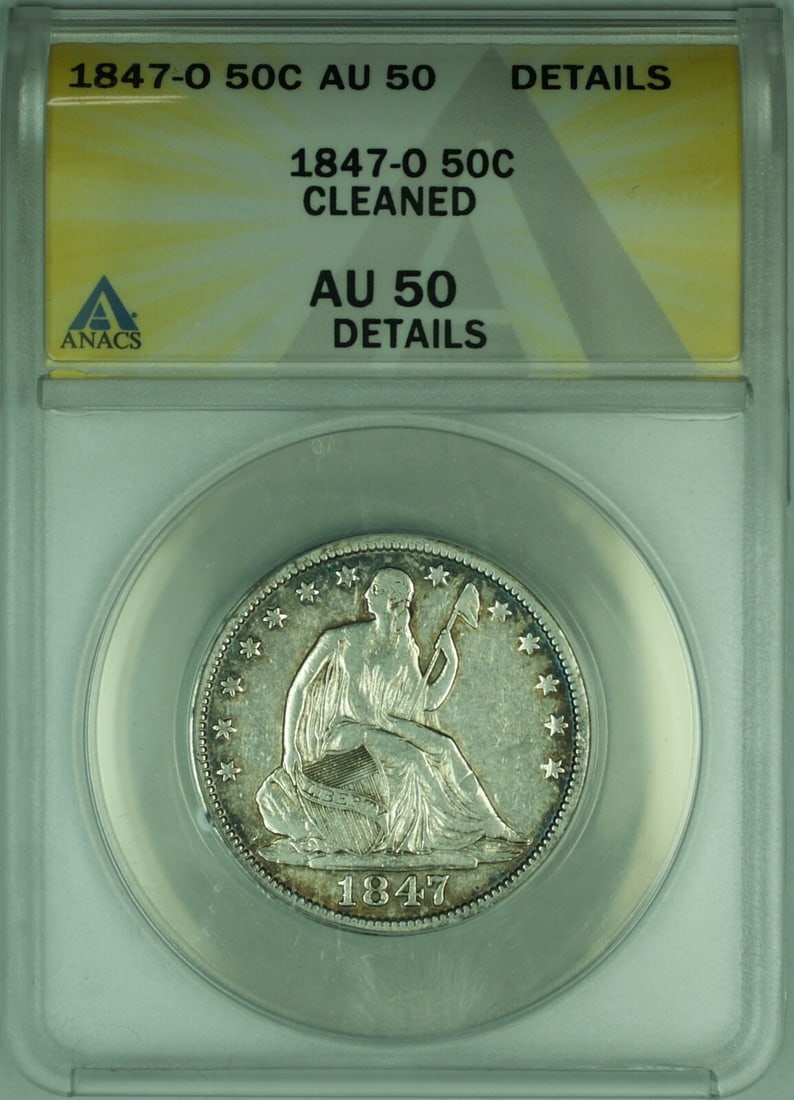 ANACS AU 50 1847-O Seated Liberty 50C Silver Half Dollar Cleaned: ANACS AU 50 1847-O Seated Liberty 50C Silver Half Dollar Cleaned This 1847-O Seated Liberty Half Dollar is composed of 90% silver and was minted in New Orleans. The coin is ANACS certified with a grad