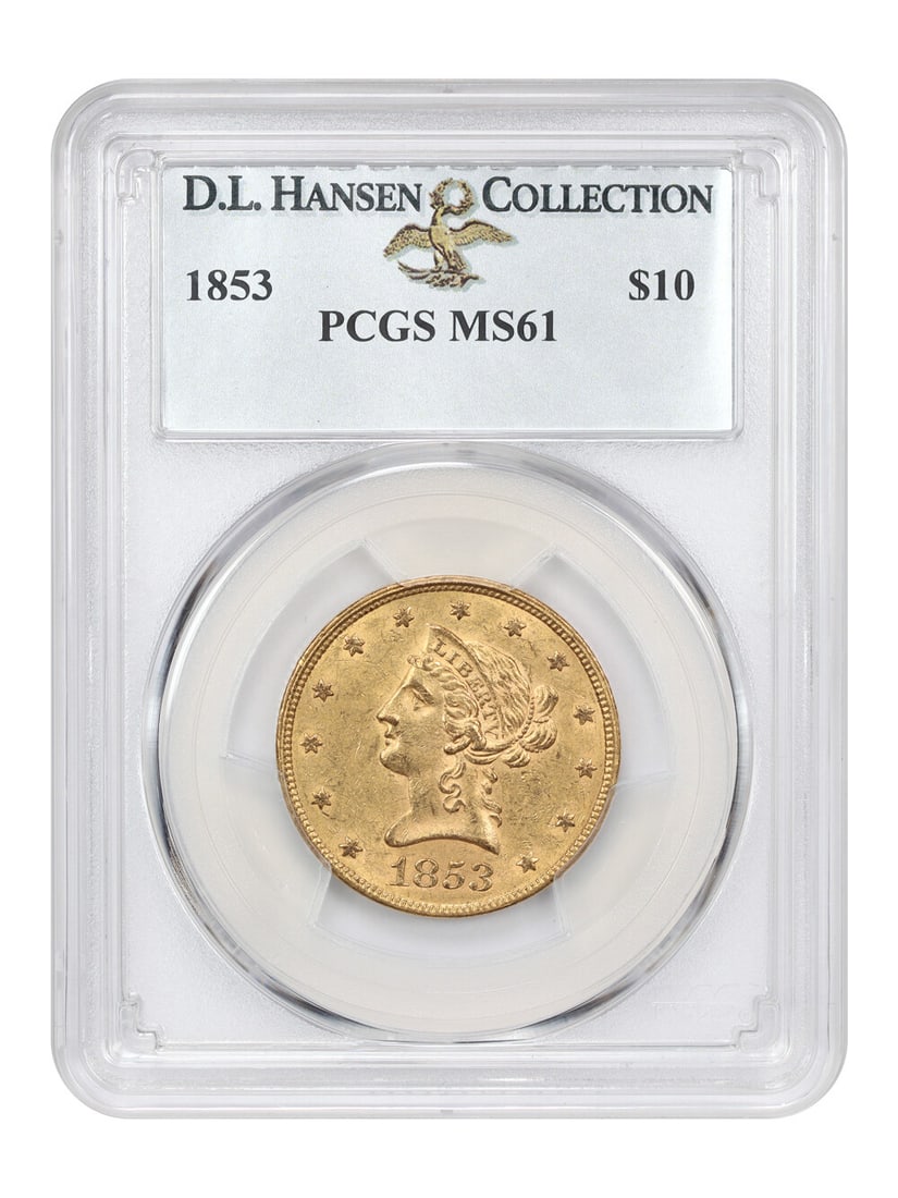 1853 Liberty Head $10 Gold Coin PCGS MS61 Low Mintage: 1853 Liberty Head $10 Gold Coin PCGS MS61 Low Mintage This 1853 $10 Liberty Head gold coin, certified by PCGS with a grade of MS61, showcases an uncirculated condition. Struck at the Philadelphia Mint
