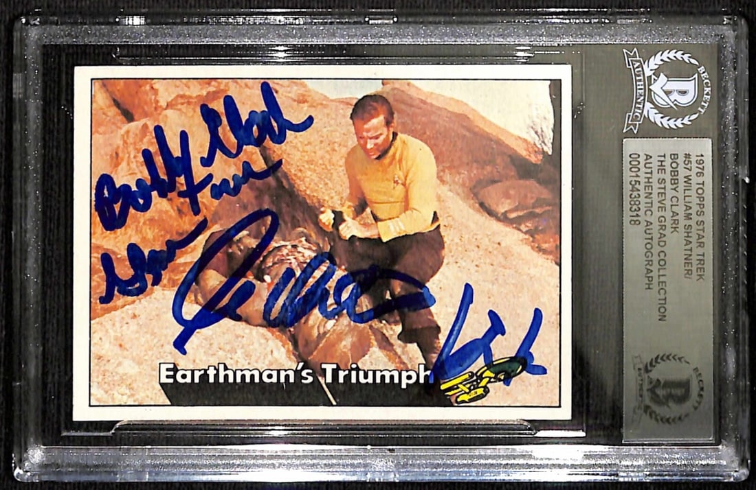 William Shatner Bobby Clark Signed 1976 Topps Star Trek #57 Beckett Authenticated: William Shatner Bobby Clark Signed 1976 Topps Star Trek #57 Beckett Authenticated This is a 1976 Topps Star Trek trading card featuring the iconic Captain Kirk, portrayed by William Shatner, and the G