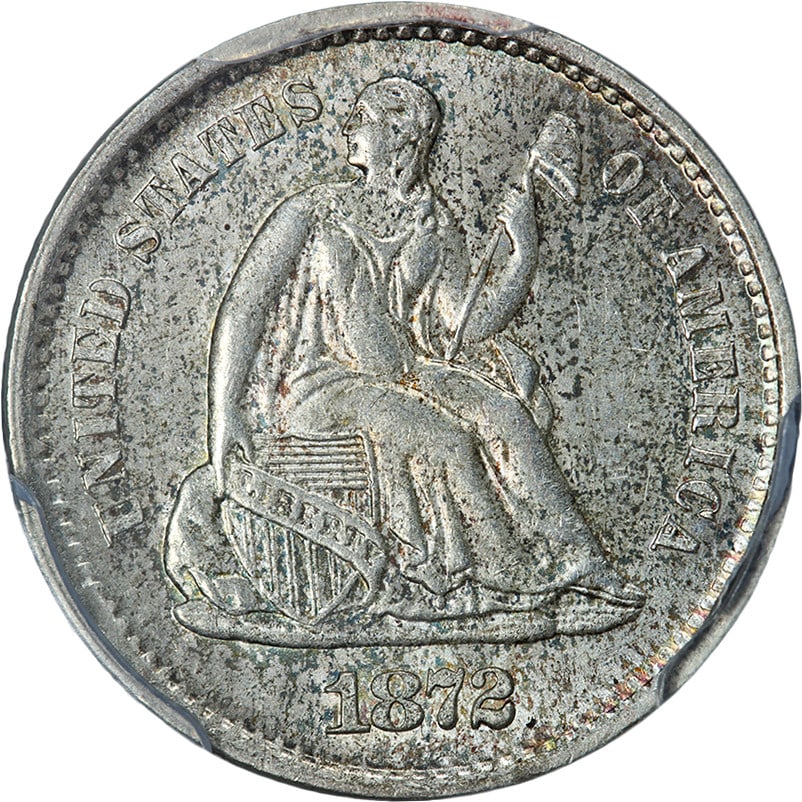 1872-S Seated Liberty Half Dime PCGS MS63 Silver Coin: 1872-S Seated Liberty Half Dime PCGS MS63 Silver Coin This stunning 1872-S Seated Liberty Half Dime features a mintmark located below the bow and is graded PCGS MS63, indicating its uncirculated condi