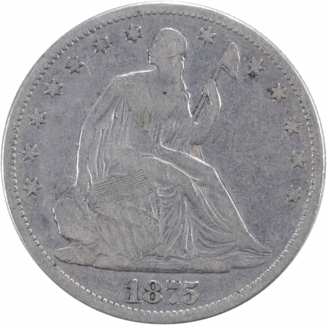 1875 Liberty Seated Silver Half Dollar 50C VF Uncertified Philadelphia: 1875 Liberty Seated Silver Half Dollar 50C VF Uncertified Philadelphia This 1875 Liberty Seated Silver Half Dollar is a remarkable piece for any coin collector. Featuring a design by Thomas Sully and