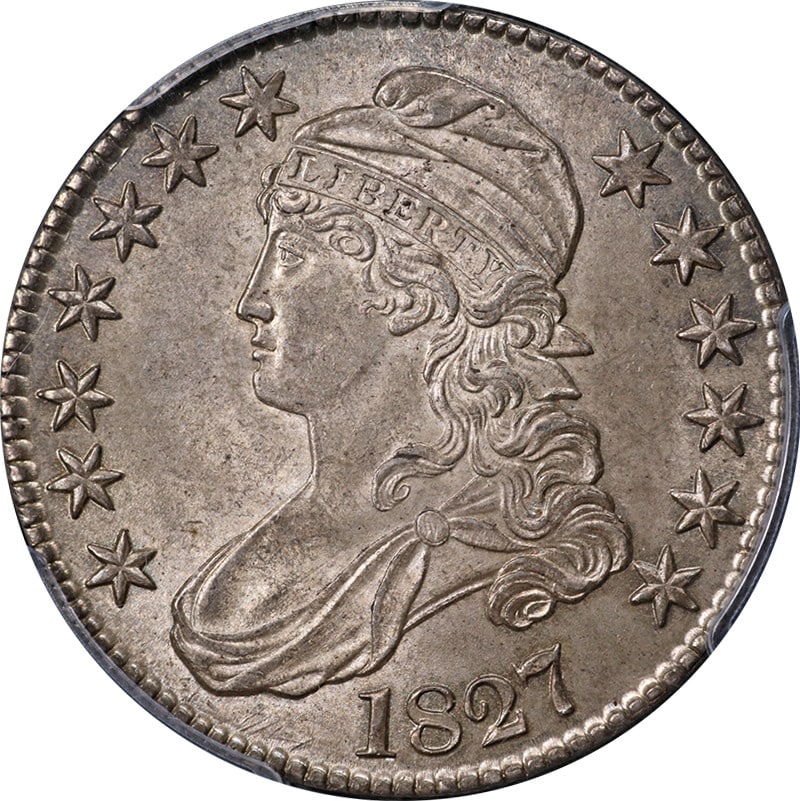 1827 Bust Half Dollar Square Base 2 PCGS MS64 CAC Certified: 1827 Bust Half Dollar Square Base 2 PCGS MS64 CAC Certified This stunning 1827 Bust Half Dollar Square Base 2, certified by PCGS with a grade of MS64, showcases exceptional eye appeal characterized by