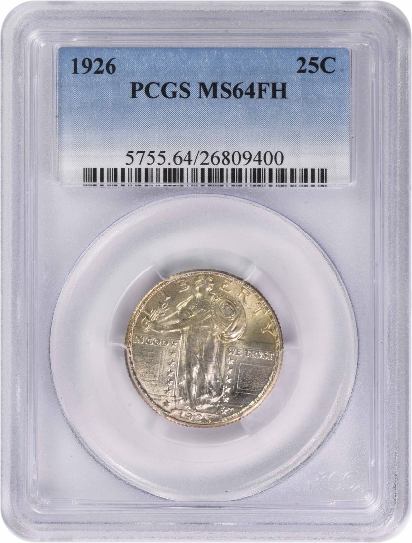 MS64 Full Head Standing Liberty 1926 Silver Quarter PCGS Certified: MS64 Full Head Standing Liberty 1926 Silver Quarter PCGS Certified This 1926 Standing Liberty Quarter is a 25-cent coin from the United States, struck in Philadelphia with no mint mark. Graded MS64 Fu