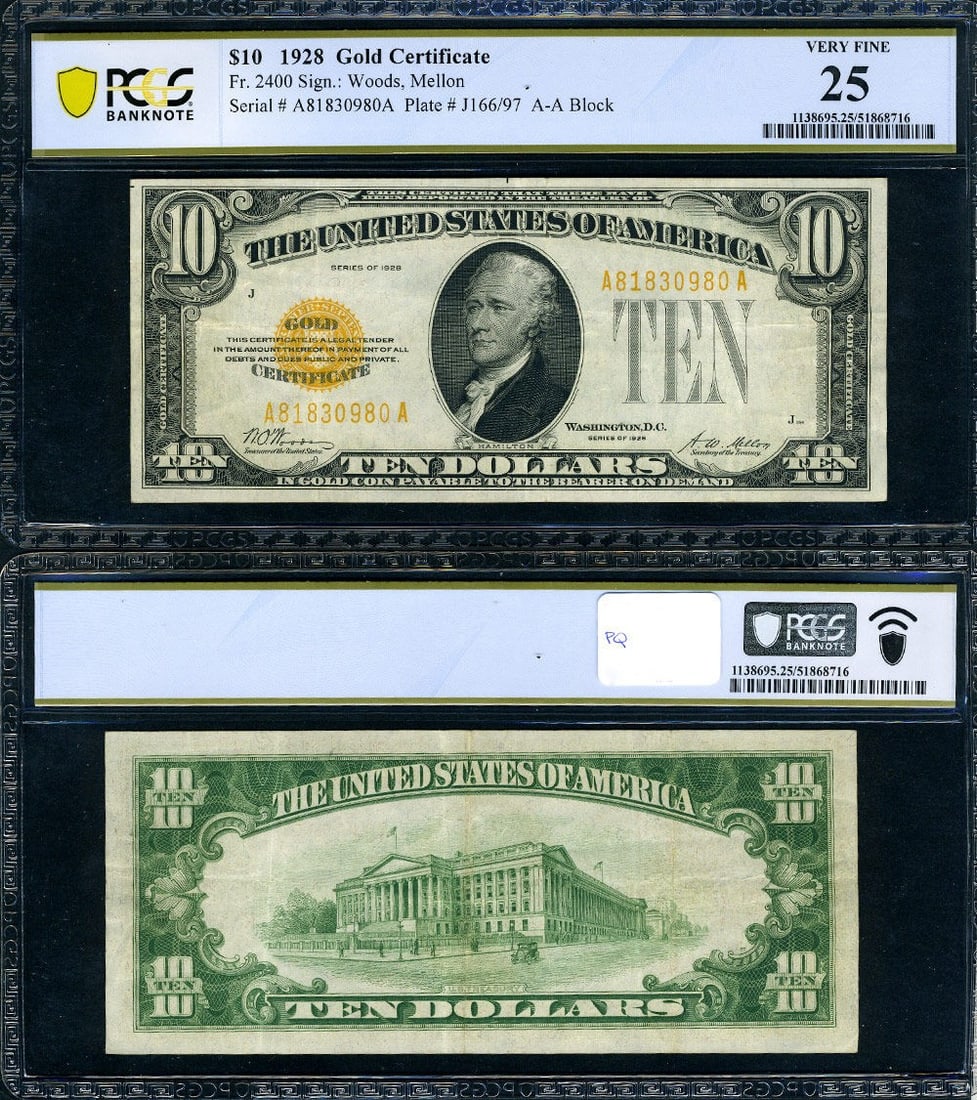 1928 $10 Gold Certificate FR 2400 A-A Block PCGS VF25: 1928 $10 Gold Certificate FR 2400 A-A Block PCGS VF25 This is a FR. 2400 $10 Gold Certificate from 1928, featuring the A-A block. Certified by PCGS with a grade of VF25, this circulated note exhibits