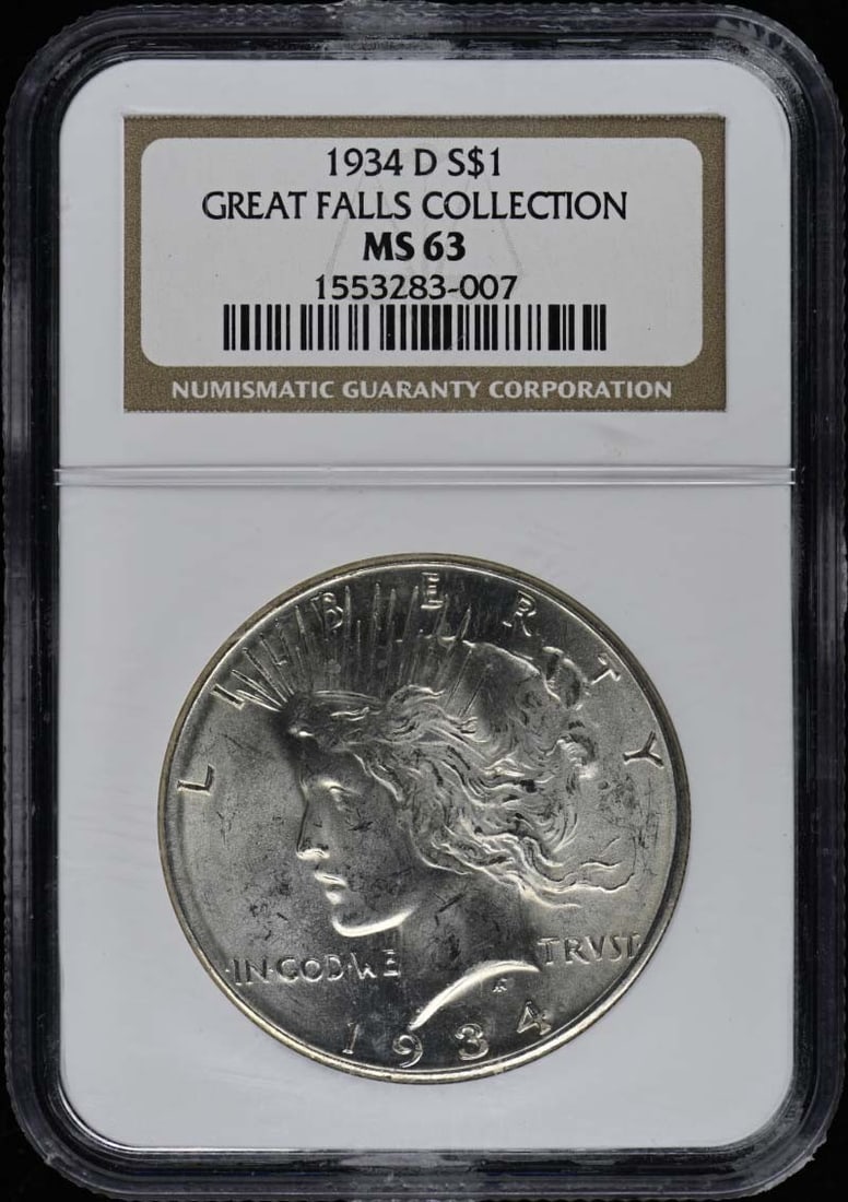 1934-D Peace Dollar S$1 NGC MS63 Uncirculated Denver Mint: 1934-D Peace Dollar S$1 NGC MS63 Uncirculated Denver Mint This 1934-D Peace Dollar is a remarkable addition to any coin collection. Graded NGC MS63, this uncirculated coin showcases exceptional qualit