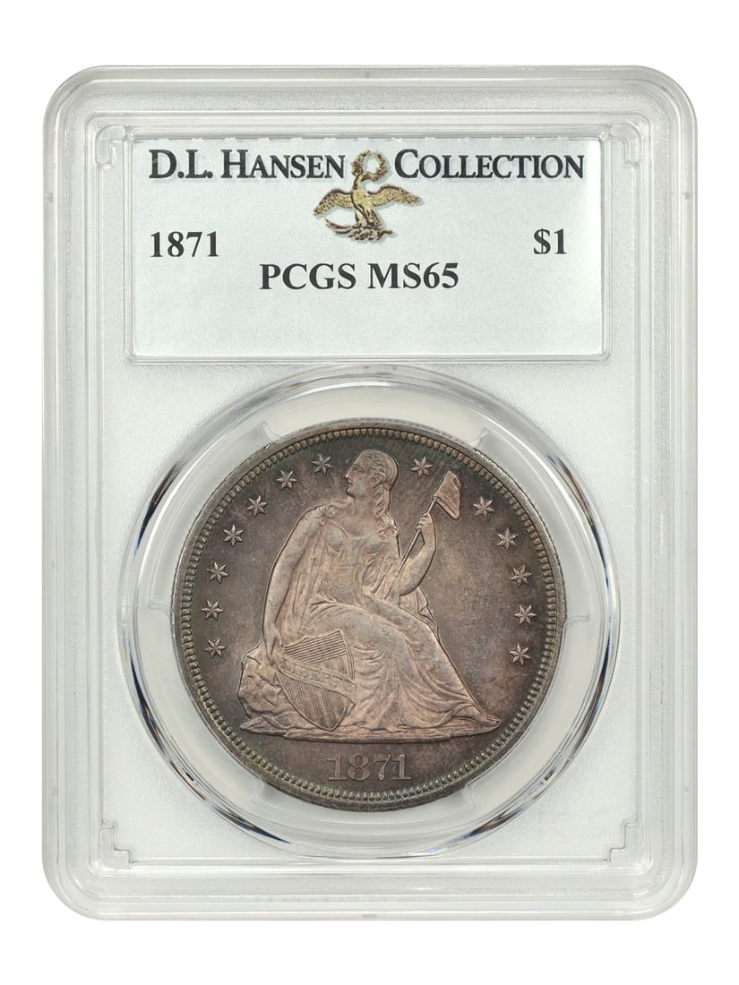 1871 Liberty Seated Dollar PCGS MS65 Ex D.L. Hansen Rare Coin: 1871 Liberty Seated Dollar PCGS MS65 Ex D.L. Hansen Rare Coin This 1871 Liberty Seated Dollar, certified by PCGS with a grade of MS65, is a remarkable find for collectors. Struck at the Philadelphia m