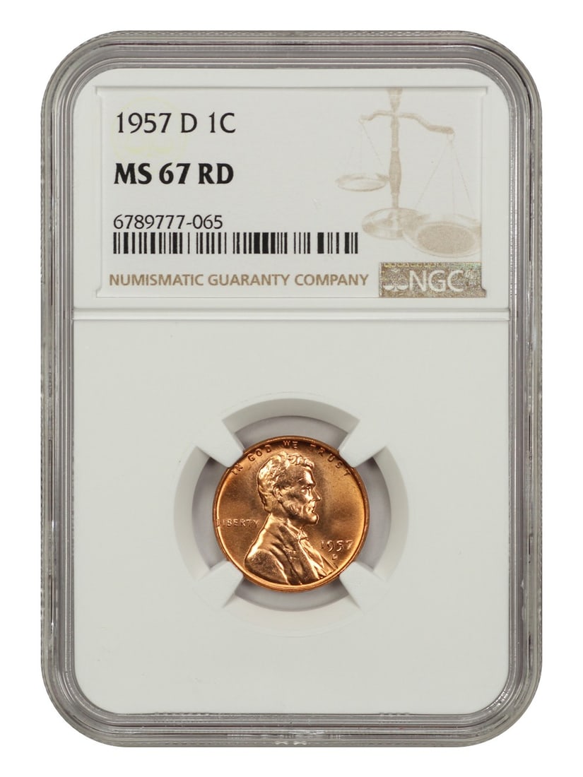 Lincoln Wheat Cent 1957 Denver NGC MS67 Red: Lincoln Wheat Cent 1957 Denver NGC MS67 Red This is a 1957-D Lincoln Cent (Wheat Reverse) graded MS67RD by NGC. It is an uncirculated coin minted in Denver, featuring the classic wheat reverse design.