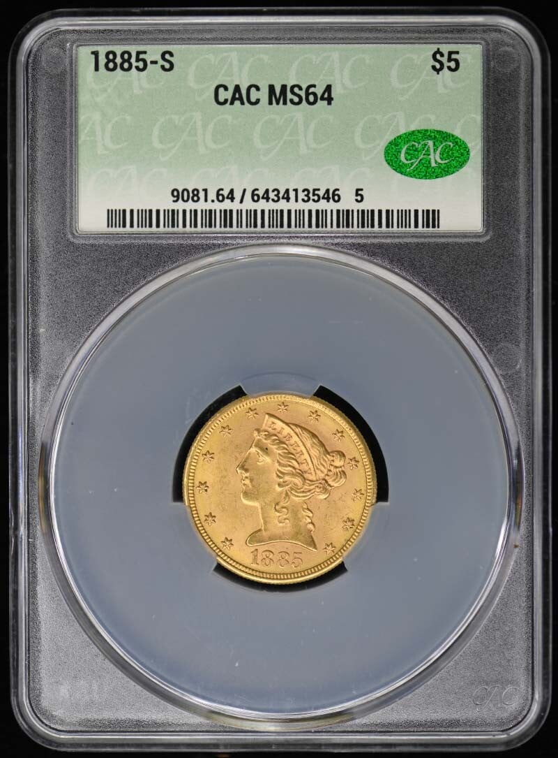 1885-S $5 Liberty Head Half Eagle Coin CACG MS64 Uncirculated: 1885-S $5 Liberty Head Half Eagle Coin CACG MS64 Uncirculated This stunning 1885-S $5 Liberty Head Half Eagle is certified by CACG with a remarkable grade of MS64, indicating its exceptional uncircula