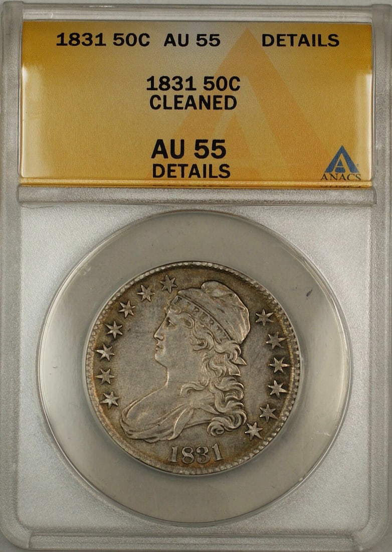 1831 Silver Capped Bust Half Dollar ANACS AU-55 Details Cleaned: 1831 Silver Capped Bust Half Dollar ANACS AU-55 Details Cleaned This 1831 Capped Bust Silver Half Dollar is graded AU 55 Details by ANACS and has been noted as cleaned. Minted in Philadelphia, this ci