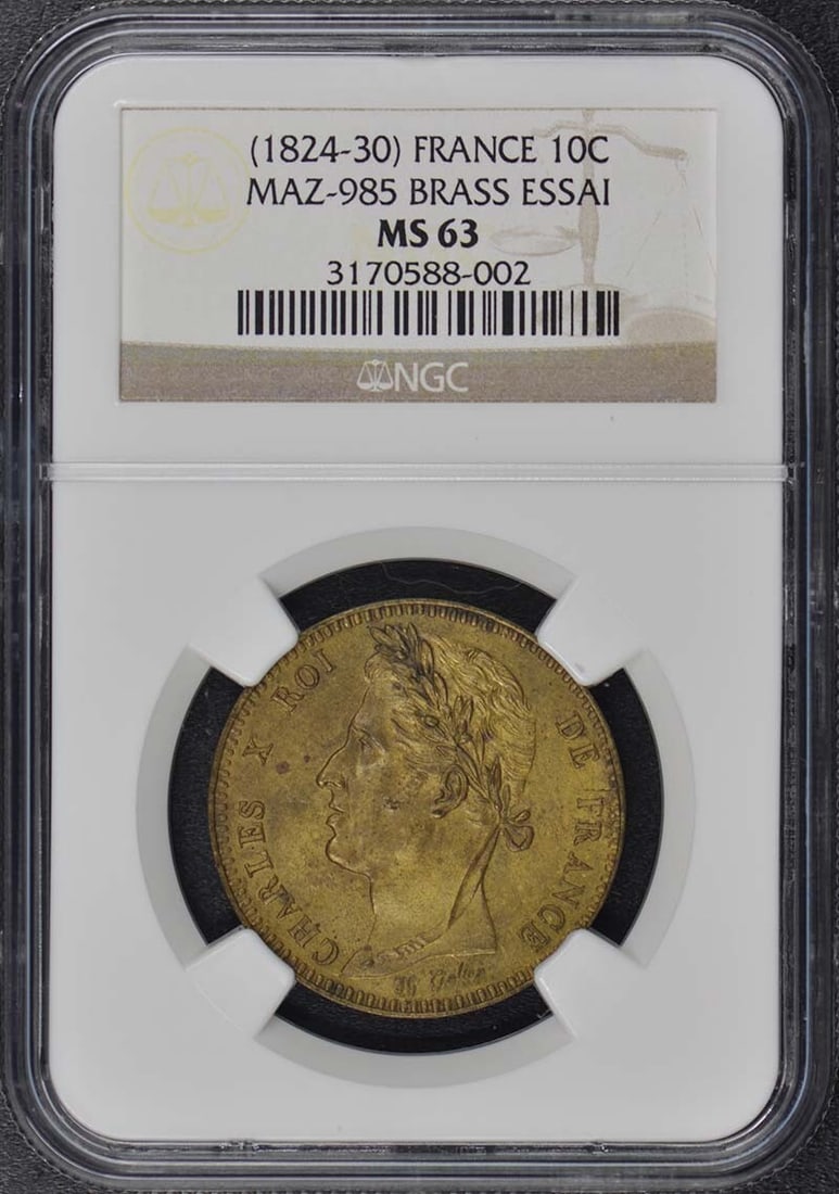 1824-30 ESSAI France 10C NGC MS63 Uncirculated Brass Coin: 1824-30 ESSAI France 10C NGC MS63 Uncirculated Brass Coin This 1824-30 ESSAI FRANCE 10C coin is a remarkable piece, graded MS63 by NGC, indicating its uncirculated condition. The coin features a brass