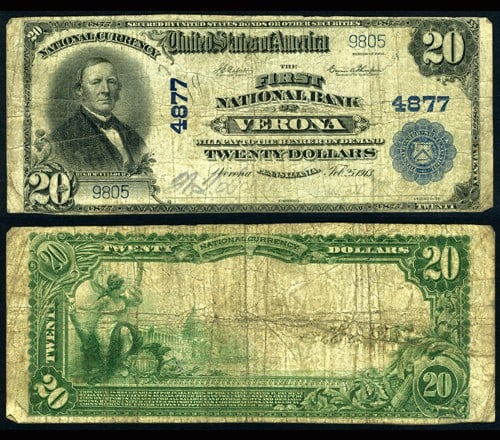 1902 $20 National Bank Note Verona PA Ch #4877 Circulated: 1902 $20 National Bank Note Verona PA Ch #4877 Circulated This 1902 $20 National Bank Note from Verona, PA, is a remarkable piece for collectors. Graded as Very Good, this note features faint purple s