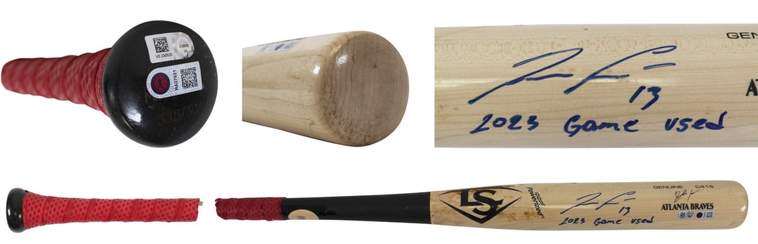 Ronald Acuna Jr. Signed 2023 Game Used Louisville Slugger Bat MLB Authenticated: Ronald Acuna Jr. Signed 2023 Game Used Louisville Slugger Bat MLB Authenticated This is an authentic game-used baseball bat from Ronald Acuna Jr., featuring the inscription "2023 Game Used." Crafted f