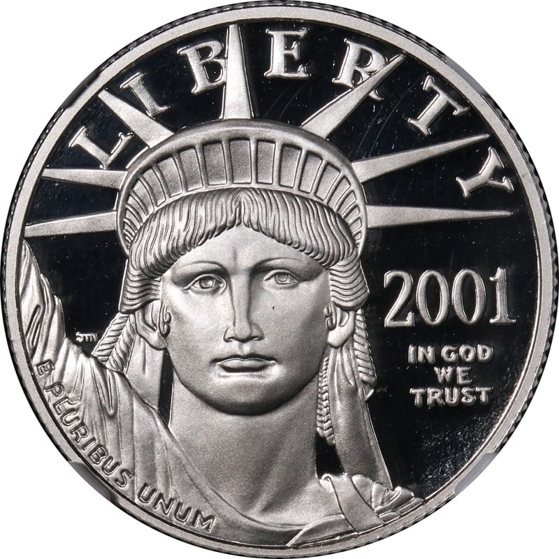 NGC PF70 Ultra Cameo 2001-W $50 Platinum Eagle Coin Certified: NGC PF70 Ultra Cameo 2001-W $50 Platinum Eagle Coin Certified This 2001-W Platinum American Eagle $50 coin is an un-used collectible piece minted in 2001 at the West Point Mint. Composed of 0.9995 fin