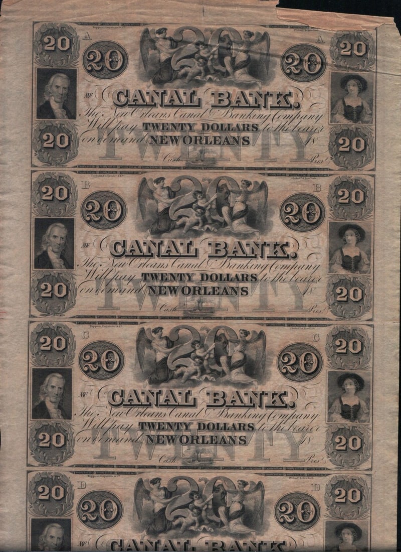 Uncut Sheet of Four $20 Canal Bank Notes New Orleans United States (1 of 2)