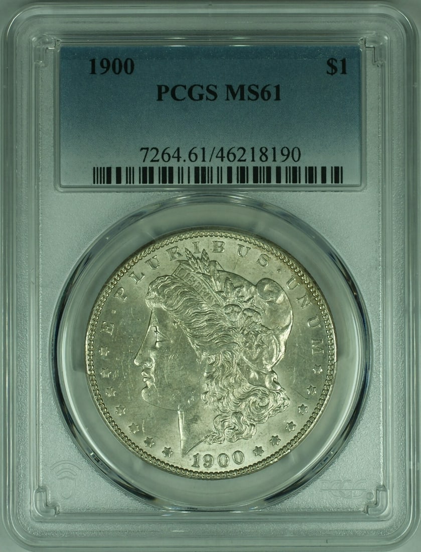 PCGS MS-61 1900 Morgan Dollar Silver Coin from Philadelphia Mint: PCGS MS-61 1900 Morgan Dollar Silver Coin from Philadelphia Mint This un-used 1900 Morgan Silver Dollar was minted in Philadelphia and is graded MS-61 by PCGS. Composed of 90% silver, this certified c