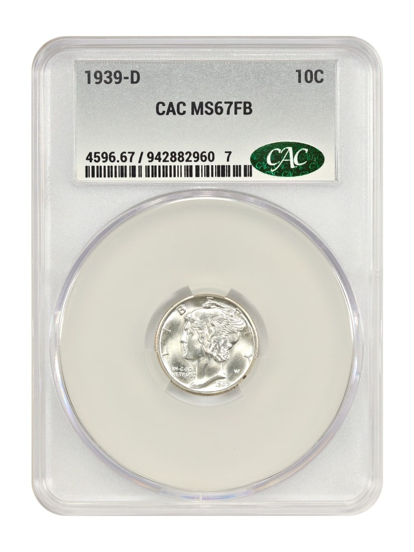 CACG MS67FB Denver Mint 1939 Mercury Dime 10C Uncirculated: CACG MS67FB Denver Mint 1939 Mercury Dime 10C Uncirculated This 1939-D Mercury Dime is certified by CACG with a grade of MS67FB, indicating a high-quality, uncirculated coin with full bands on the rev