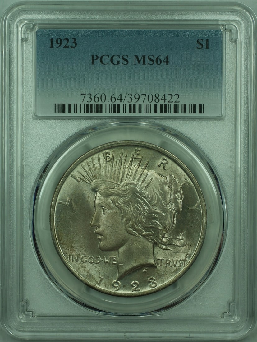 PCGS MS-64 1923 Peace Dollar Silver Coin Philadelphia Mint: PCGS MS-64 1923 Peace Dollar Silver Coin Philadelphia Mint This is a 1923 Peace Silver Dollar $1 coin graded MS-64 by PCGS. The coin is uncirculated and lightly toned, featuring a 0.9 silver fineness.