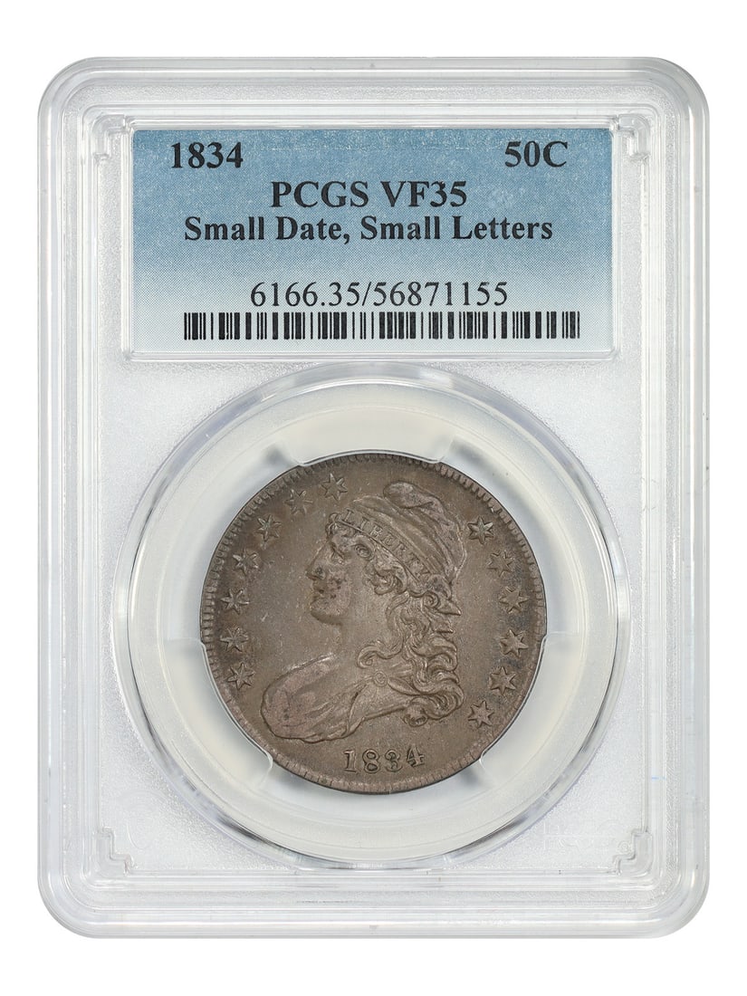 PCGS VF35 1834 Capped Bust Half Dollar Small Date Small Letters: PCGS VF35 1834 Capped Bust Half Dollar Small Date Small Letters This is an 1834 Capped Bust Half Dollar with small date and small letters, graded VF35 by PCGS. The coin is circulated and was minted in