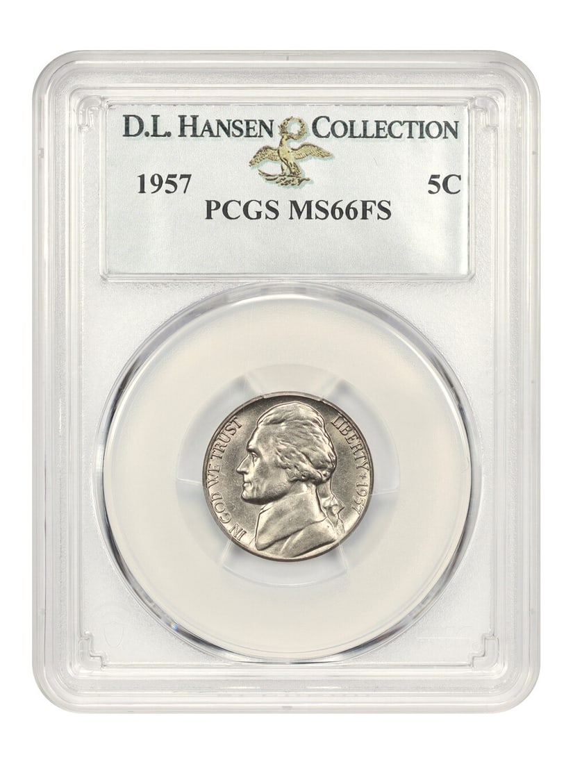 1957 Jefferson Nickel 5C PCGS MS66 FS D.L. Hansen Certified: 1957 Jefferson Nickel 5C PCGS MS66 FS D.L. Hansen Certified This 1957 Jefferson Nickel is graded MS66 FS by PCGS, ensuring its uncirculated condition and excellent quality. With a certification number