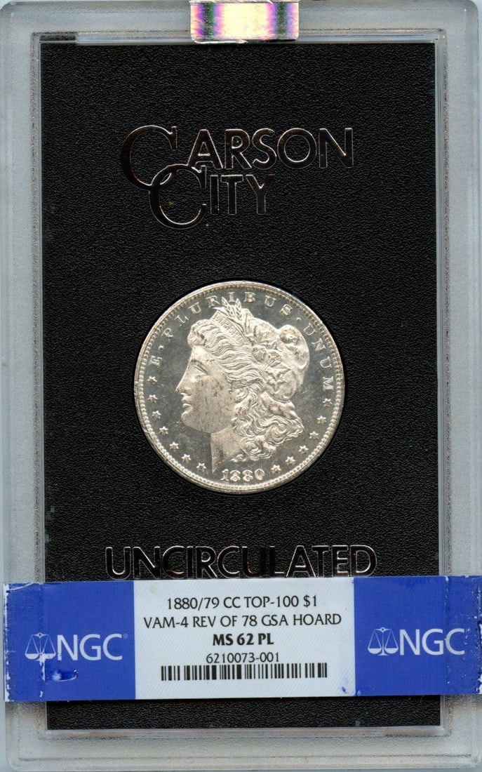 1880-CC Morgan Dollar VAM-4 Proof-Like NGC MS62PL: 1880-CC Morgan Dollar VAM-4 Proof-Like NGC MS62PL This 1880/79-CC Morgan Dollar features a stunning Proof-Like finish, expertly certified by NGC with a grade of MS62. Struck in Philadelphia, this unci