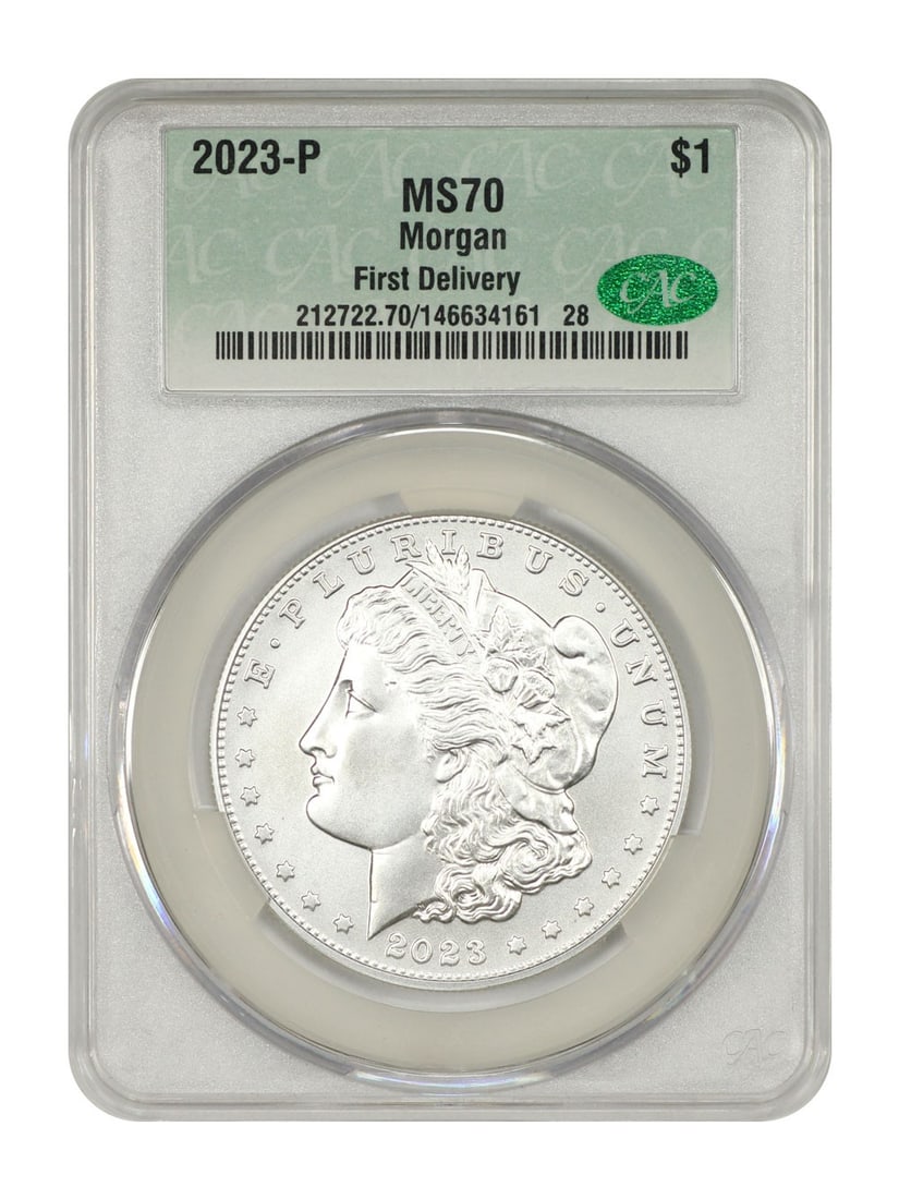 Morgan Dollar 2023 Philadelphia CACG MS70 First Delivery Silver Coin: Morgan Dollar 2023 Philadelphia CACG MS70 First Delivery Silver Coin This 2023-P Morgan Dollar is a modern commemorative coin struck at the Philadelphia Mint. It is certified by CACG with a perfect MS