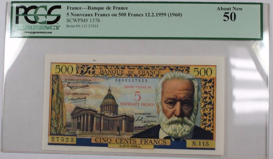 France 5 Nouveaux Francs on 500 Francs 1959 PCGS AU50 Certified Banknote: France 5 Nouveaux Francs on 500 Francs 1959 PCGS AU50 Certified Banknote This is a 1959 (issued in 1960) Banque de France 5 Nouveaux Francs overprinted on 500 Francs banknote, dated 12 February 1959.